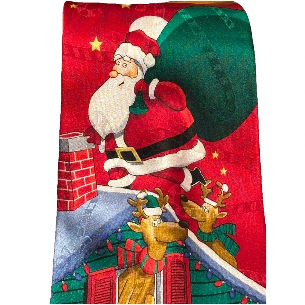Vintage 90s Hallmark Yule Tie Greetings Santa Reindeer Chaos Christmas Silk‎ Tie